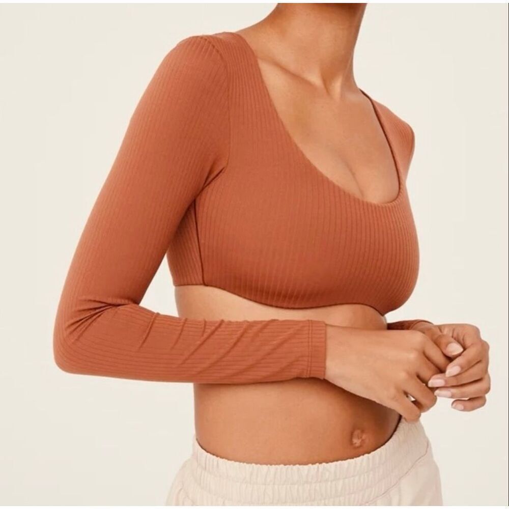 offline by aerie real me super cropped long sleeve padded top ribbed brown XS
